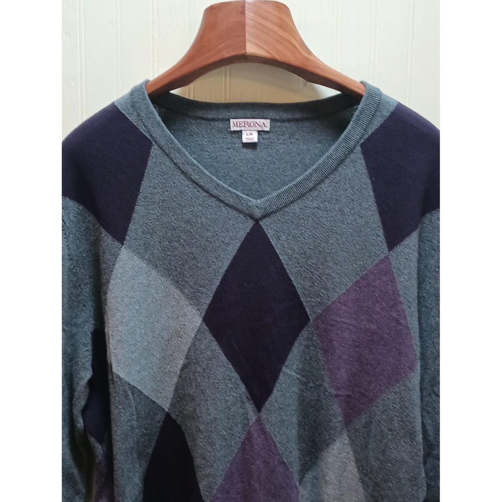 Merona Sweater Mens Large Gray Purple Argyle‎ V Neck 100% Cotton Pullover